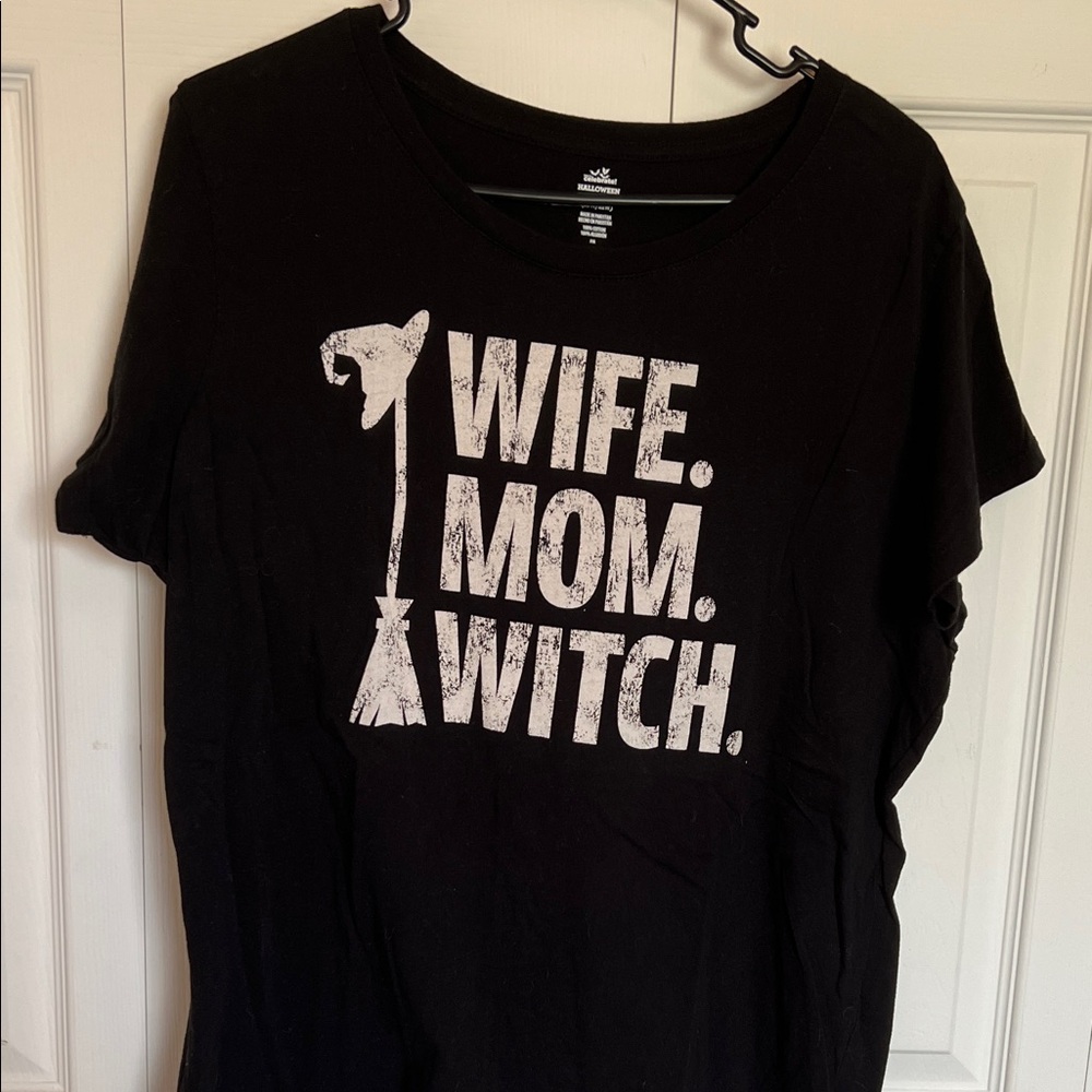Black Graphic Tee with Witch Theme Halloween mom shirt